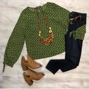 Green polka dot blouse with split sleeves, size L